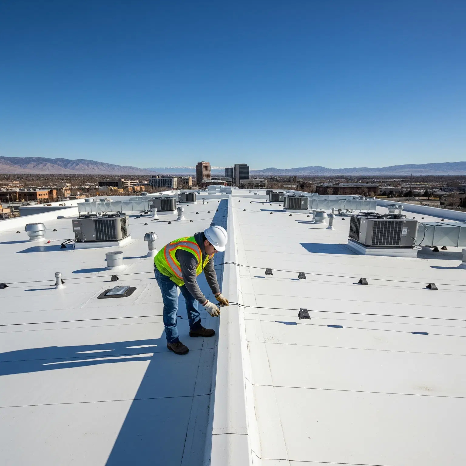 Roofing professional working on a flat commercial roof